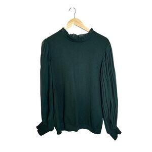 Adrianna‎ Papell Ruffle Collar  Sweater Blouse with Balloon Sleeves Size L Green